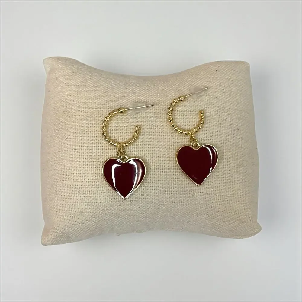 Chic Gold & Burgundy Heart Hoop Earrings